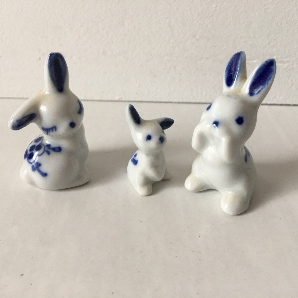 Set Of 3 Miniature Ceramic Blue & White Bunnies